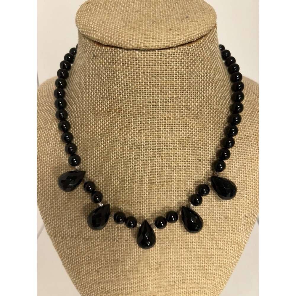 JRI Mexico Silver 925 Onyx Round Beads and Faceted Tear Drop Beads Necklace.